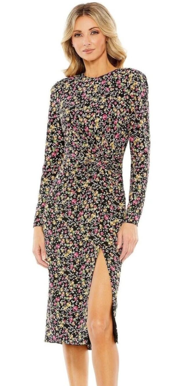 IEENA for Mac Duggal 26915 Dress Floral Long Sleeve Midi Faux Wrap Black NWT 2